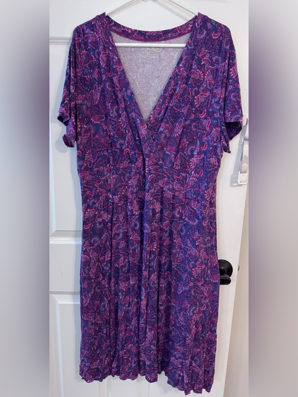 L.L.Bean Women’s Knit Midi Dress, faux wrap, pink paisley, 2X